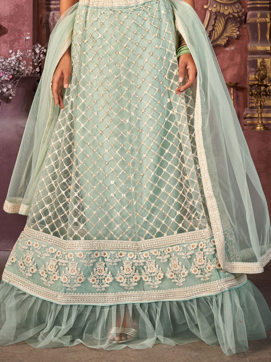 Light Sky Blue Net Embroidered Festival Party Wear Heavy Border Lehenga Choli