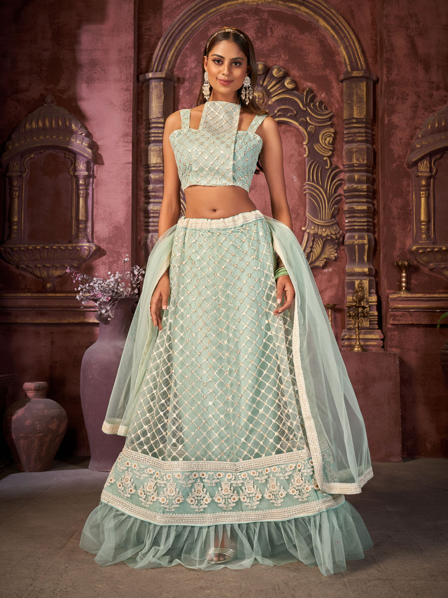 Light Sky Blue Net Embroidered Festival Party Wear Heavy Border Lehenga Choli