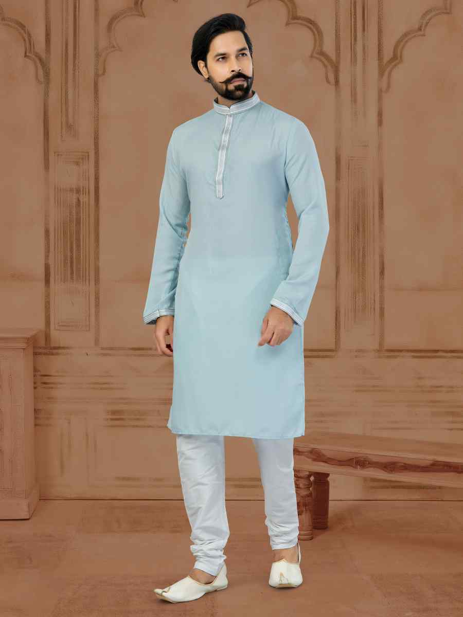 Light Sky Blue Star Silk Printed Festival Kurta