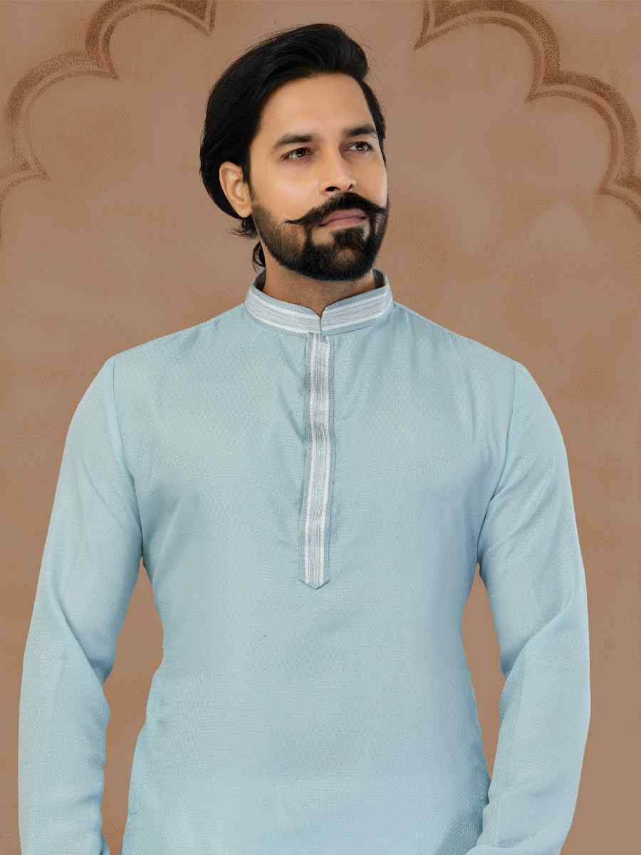 Light Sky Blue Star Silk Printed Festival Kurta