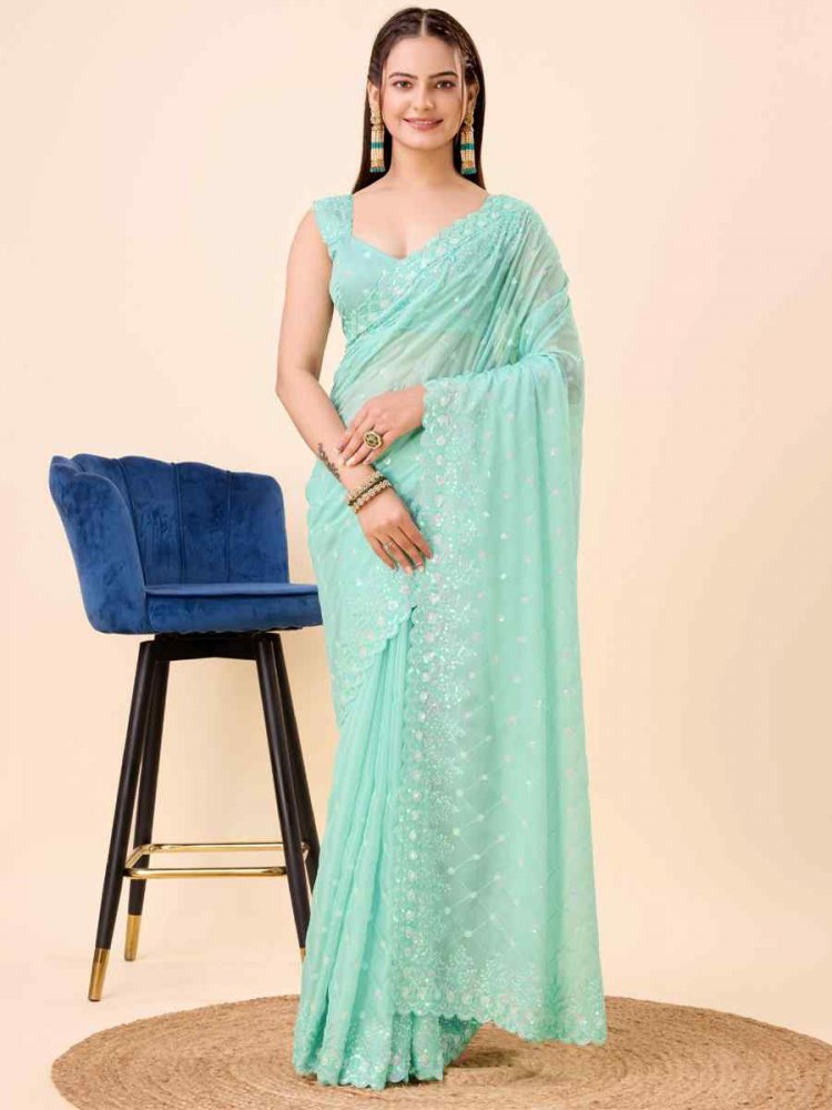 Light Sky Blue Teby Silk Organza Embroidered Party Casual Heavy Border Saree
