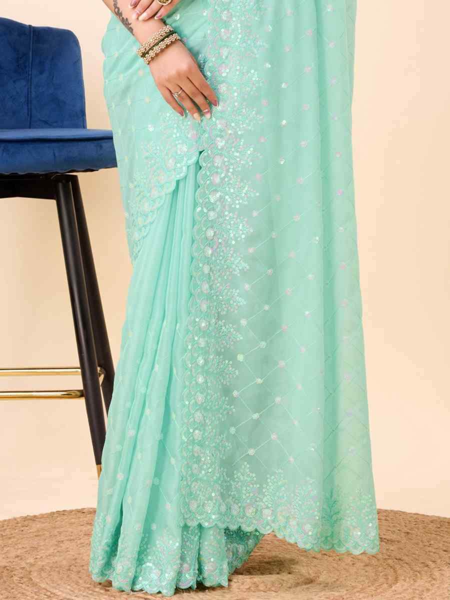 Light Sky Blue Teby Silk Organza Embroidered Party Casual Heavy Border Saree