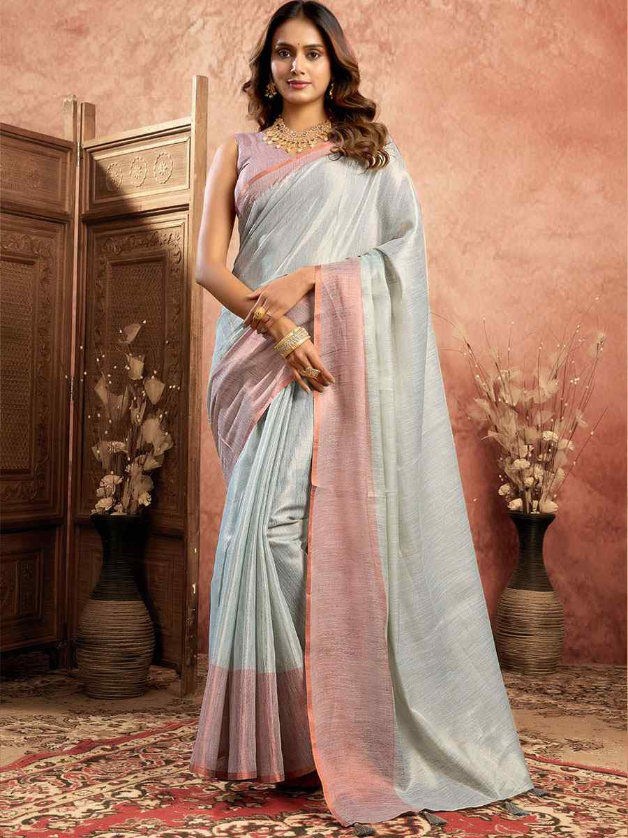Light Sky Blue Tissue Silk Handwoven Festival Wedding Fancy Heavy Border Saree