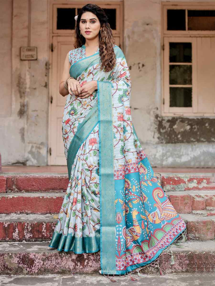 Light Sky Blue Tussar Silk Zari Handwoven Printed Casual Reception Festival Wedding Fancy Heavy Border Saree