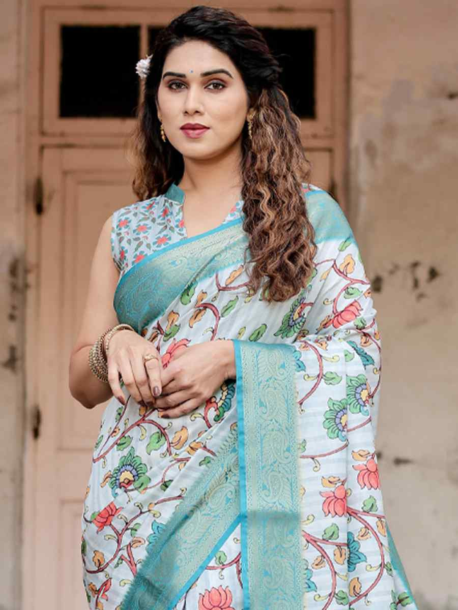 Light Sky Blue Tussar Silk Zari Handwoven Printed Casual Reception Festival Wedding Fancy Heavy Border Saree