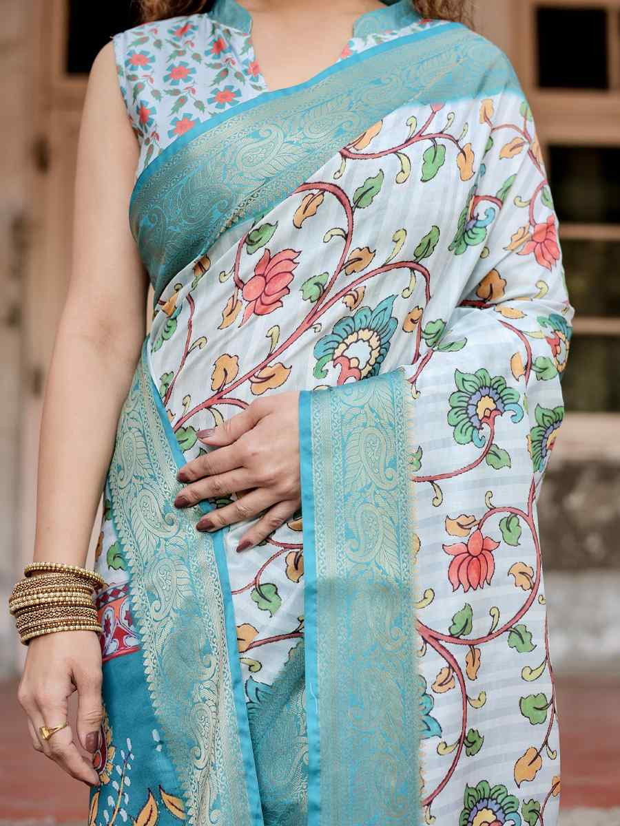 Light Sky Blue Tussar Silk Zari Handwoven Printed Casual Reception Festival Wedding Fancy Heavy Border Saree