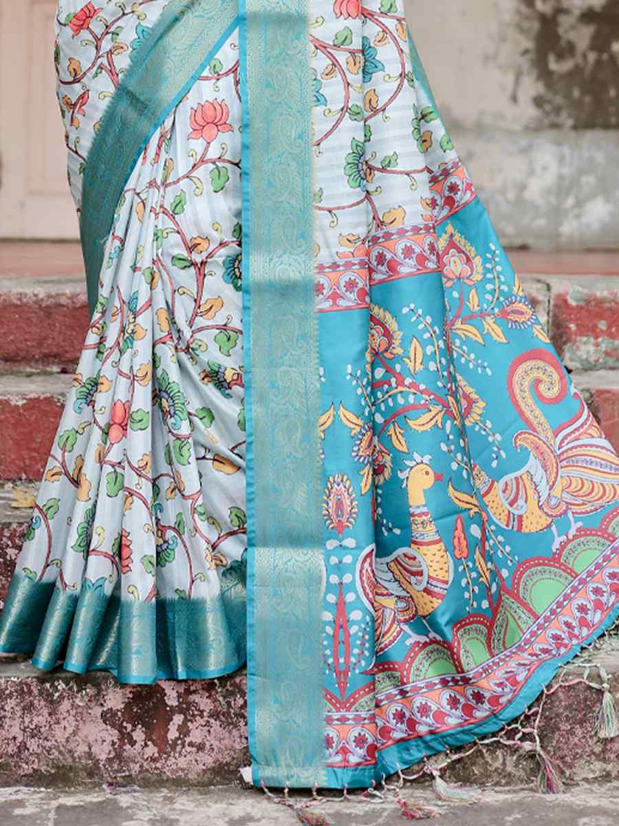 Light Sky Blue Tussar Silk Zari Handwoven Printed Casual Reception Festival Wedding Fancy Heavy Border Saree