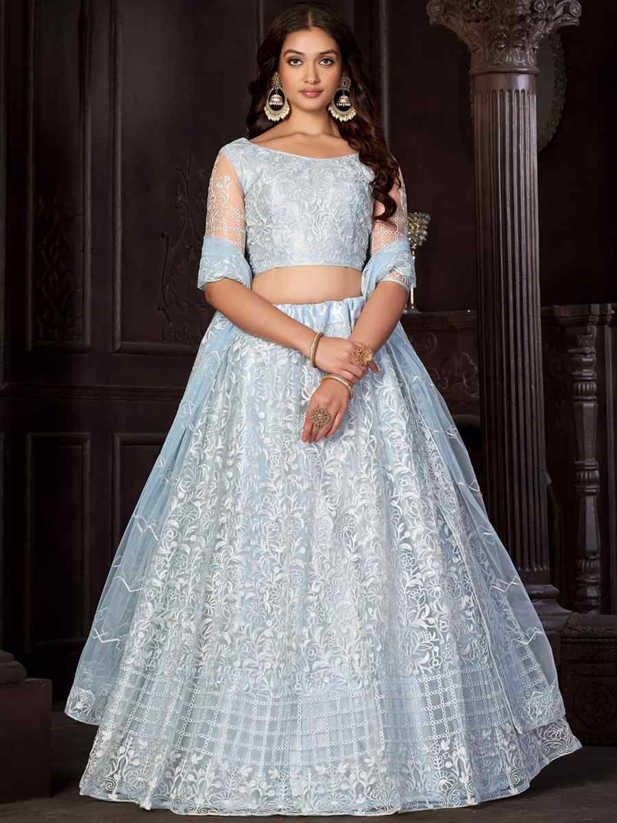 Light Sky Net Embroidered Reception Wedding Heavy Border Lehenga Choli