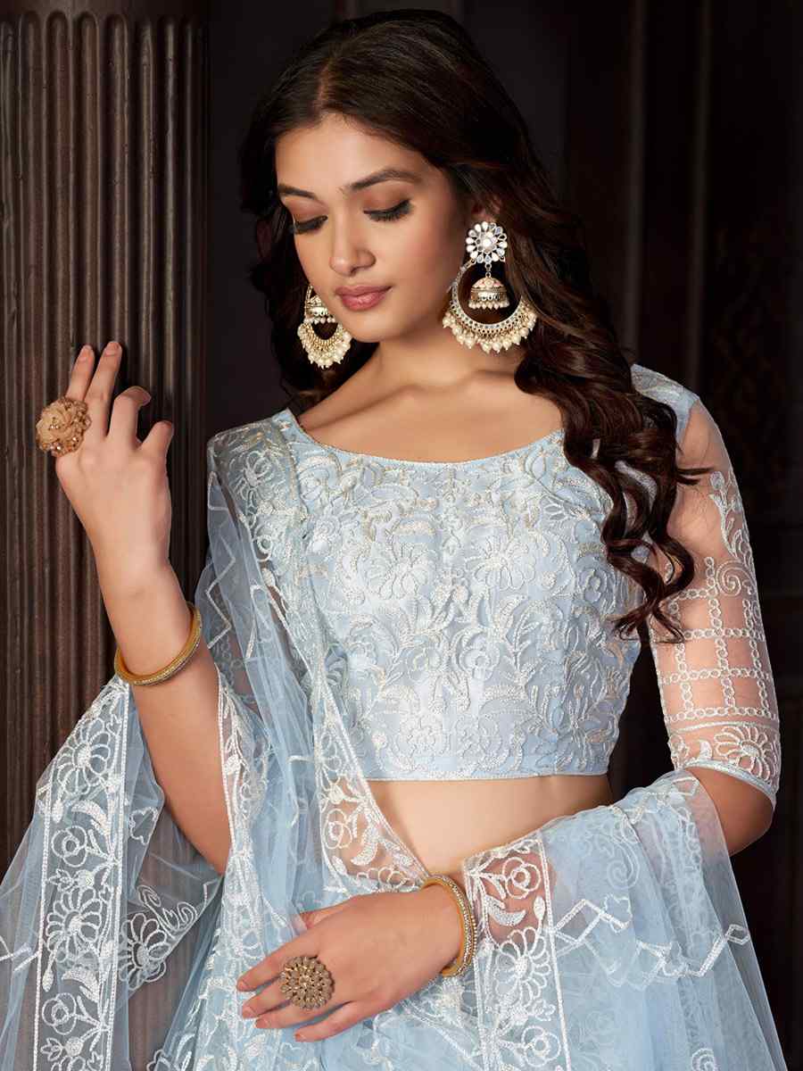 Light Sky Net Embroidered Reception Wedding Heavy Border Lehenga Choli