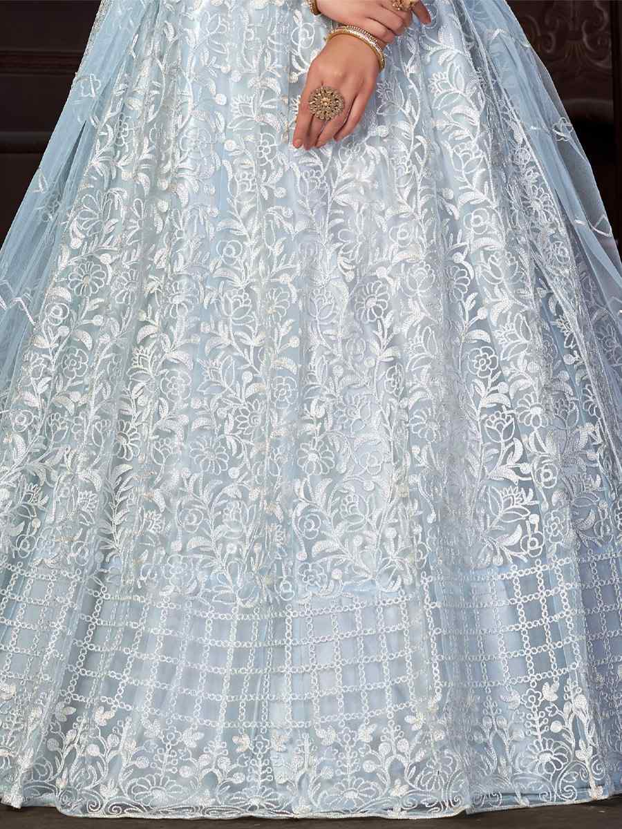 Light Sky Net Embroidered Reception Wedding Heavy Border Lehenga Choli