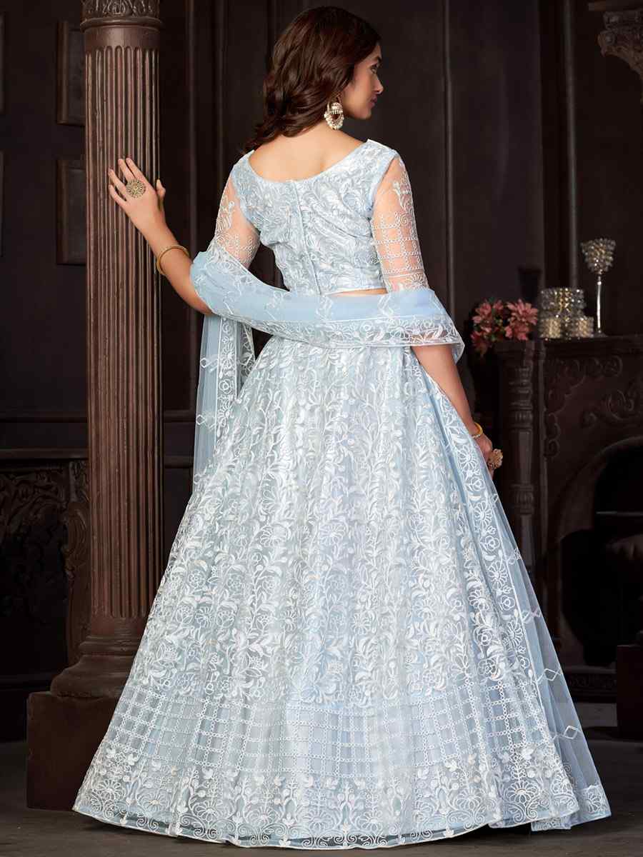 Light Sky Net Embroidered Reception Wedding Heavy Border Lehenga Choli