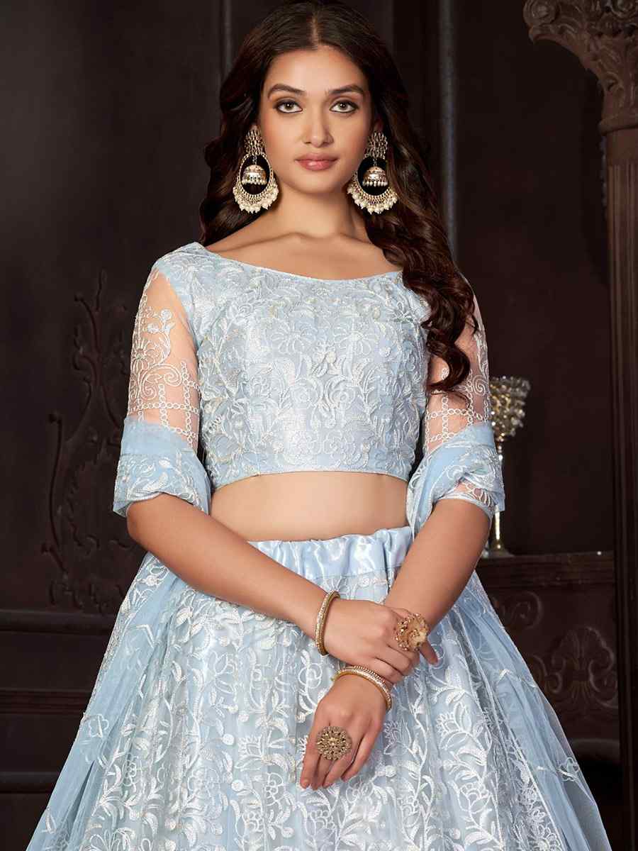 Light Sky Net Embroidered Reception Wedding Heavy Border Lehenga Choli
