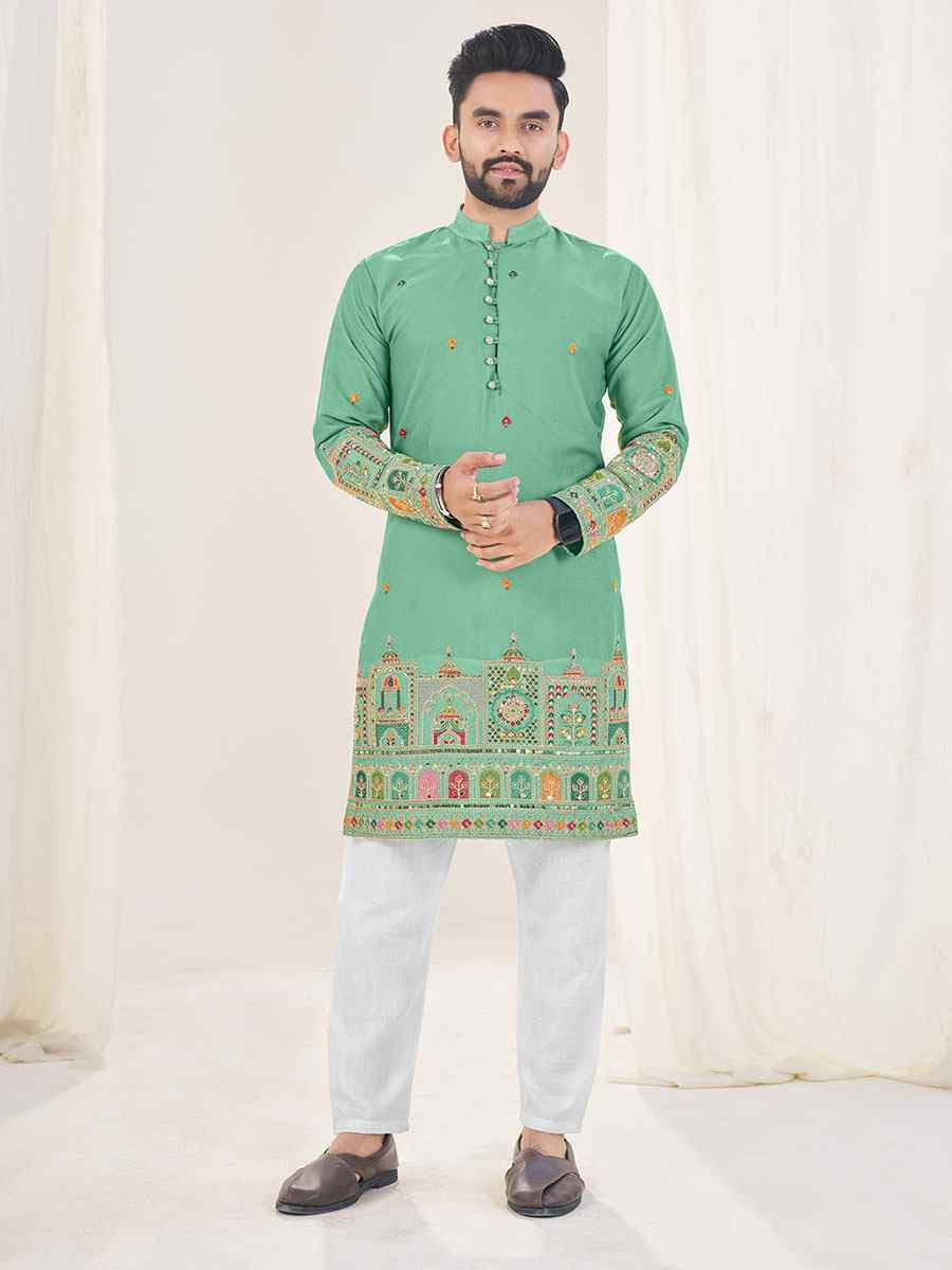 Light Star Green Georgette Embroidery Festival Wedding Party Kurta