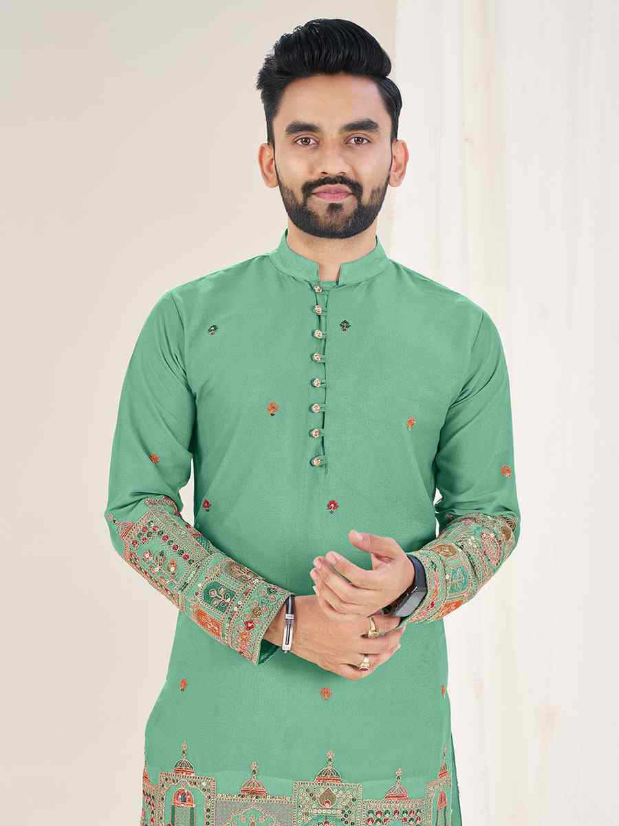 Light Star Green Georgette Embroidery Festival Wedding Party Kurta