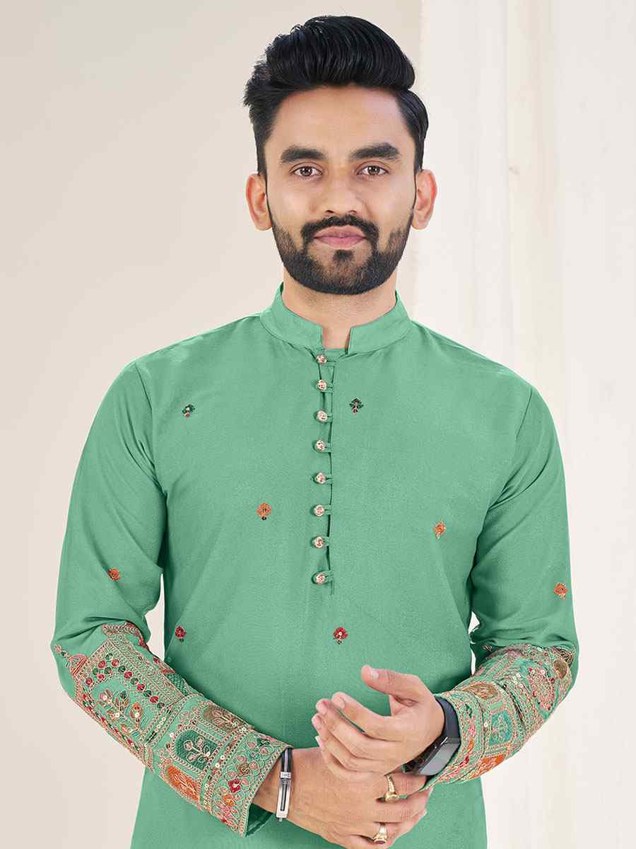 Light Star Green Georgette Embroidery Festival Wedding Party Kurta