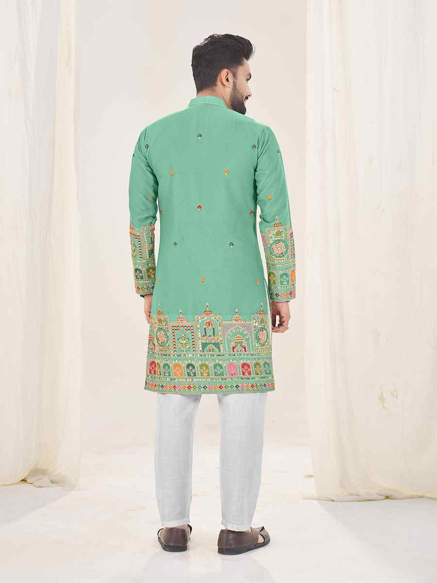 Light Star Green Georgette Embroidery Festival Wedding Party Kurta