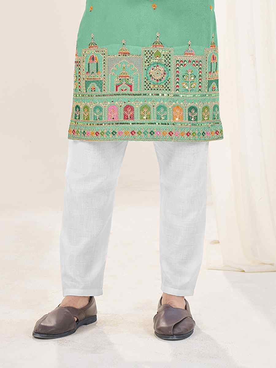 Light Star Green Georgette Embroidery Festival Wedding Party Kurta