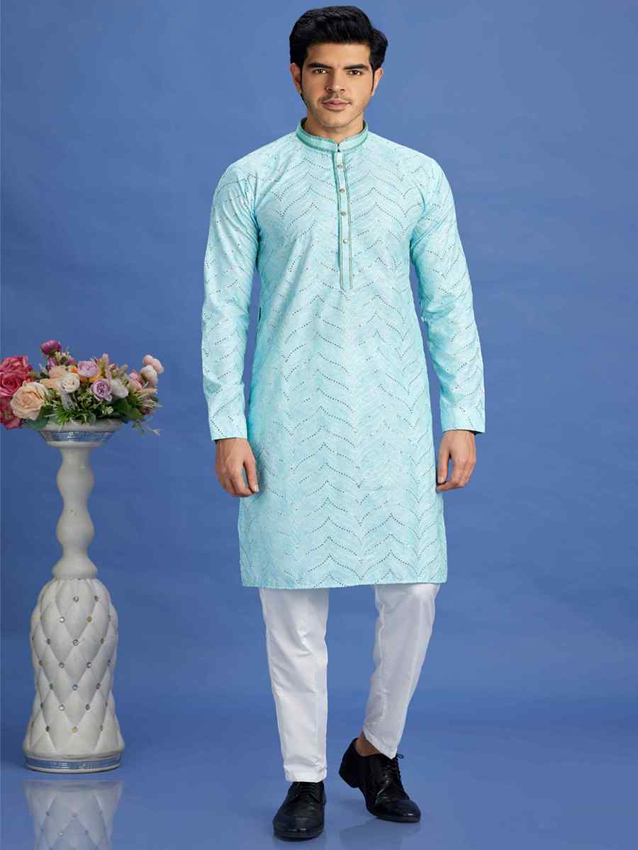 Light Teal Green Cotton Embroidered Festival Party Kurta