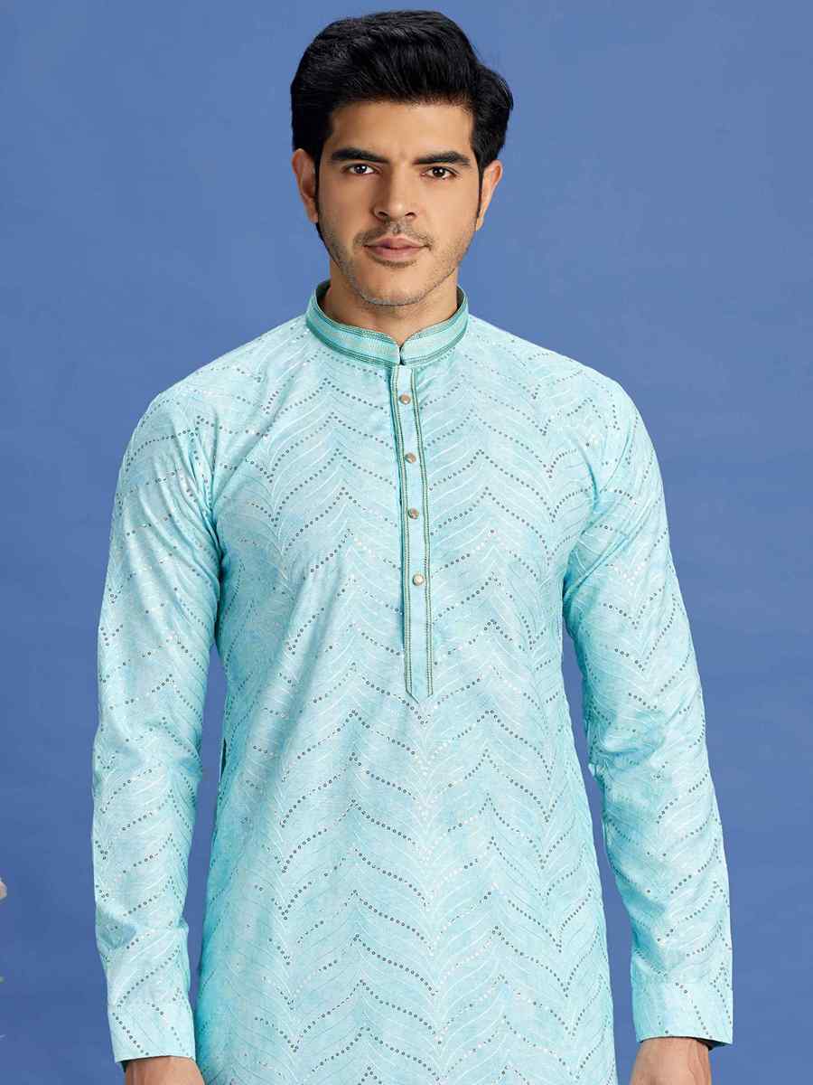 Light Teal Green Cotton Embroidered Festival Party Kurta