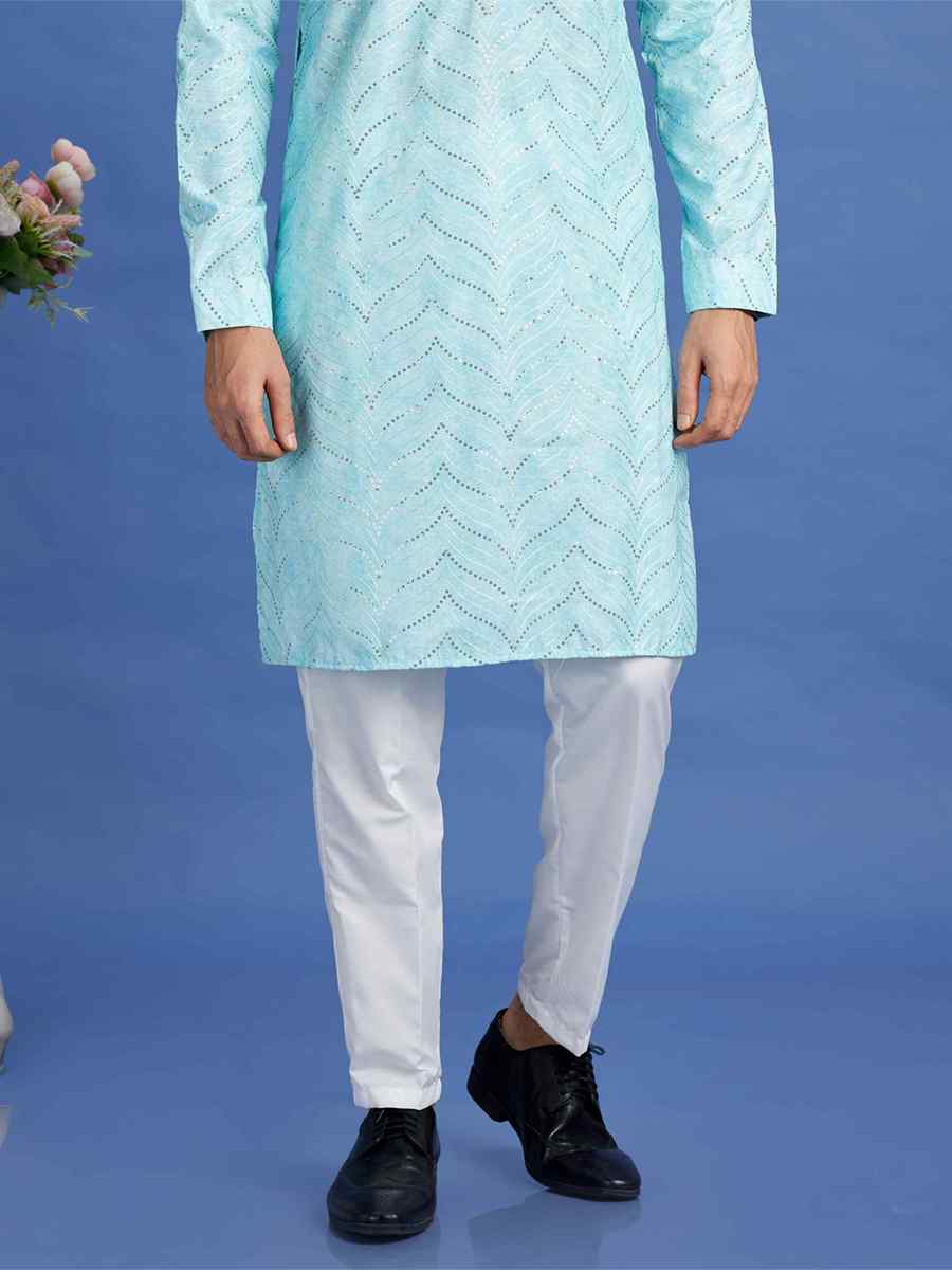 Light Teal Green Cotton Embroidered Festival Party Kurta