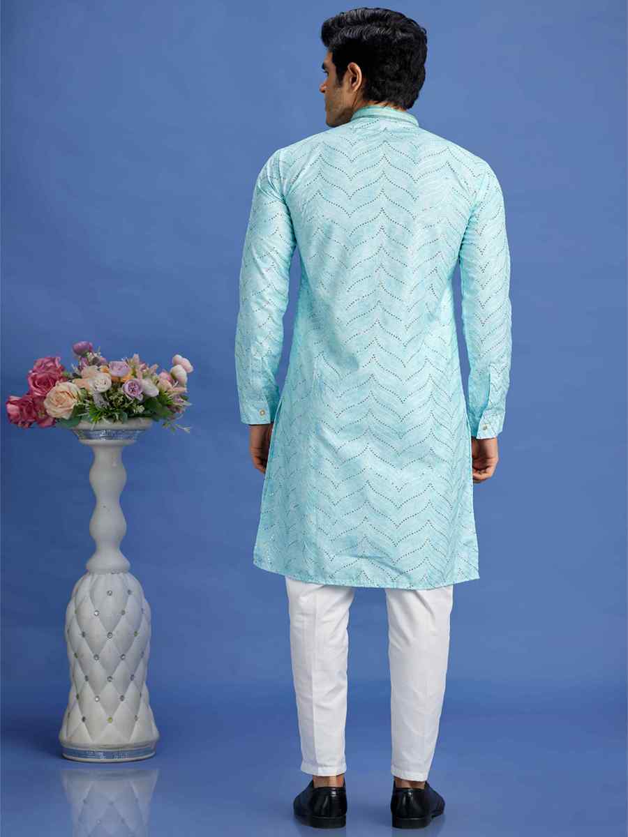 Light Teal Green Cotton Embroidered Festival Party Kurta