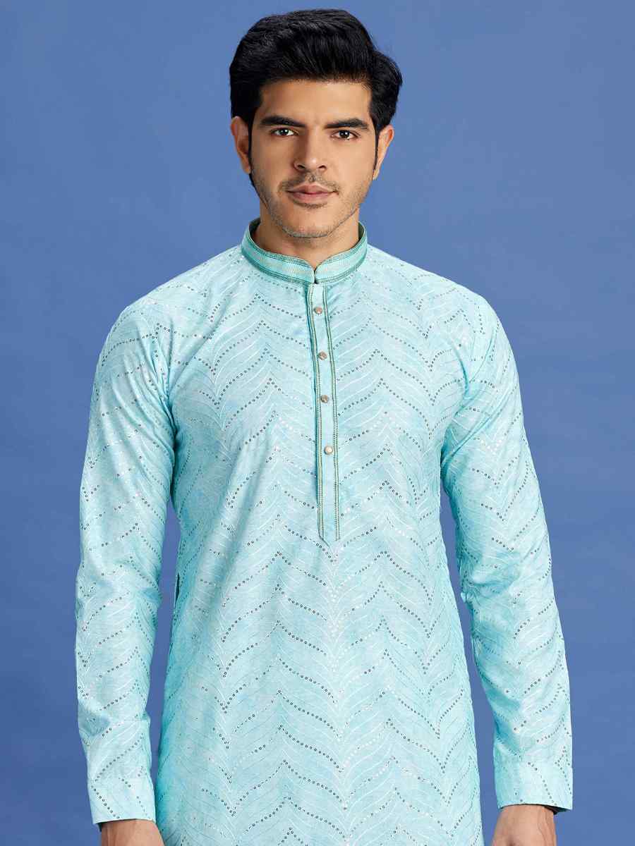 Light Teal Green Cotton Embroidered Festival Party Kurta