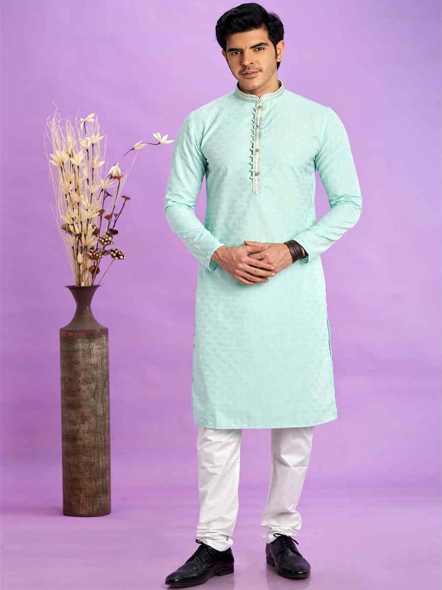 Light Teal Green Jacquard Art Soft Silk Printed Festival Casual Kurta