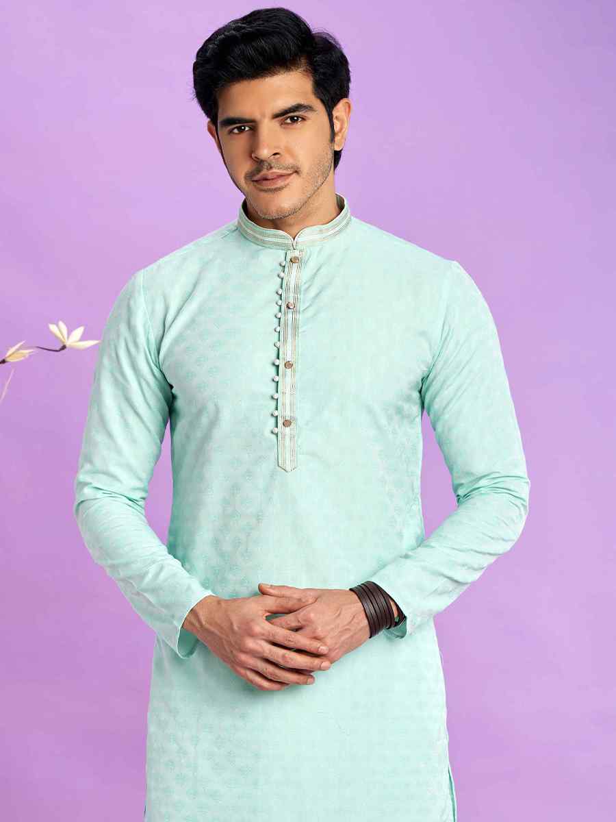 Light Teal Green Jacquard Art Soft Silk Printed Festival Casual Kurta