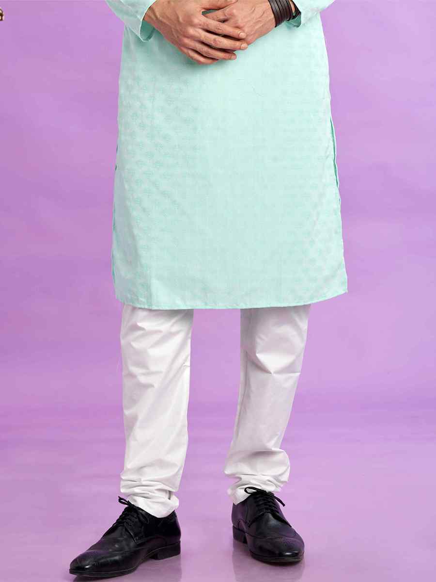 Light Teal Green Jacquard Art Soft Silk Printed Festival Casual Kurta