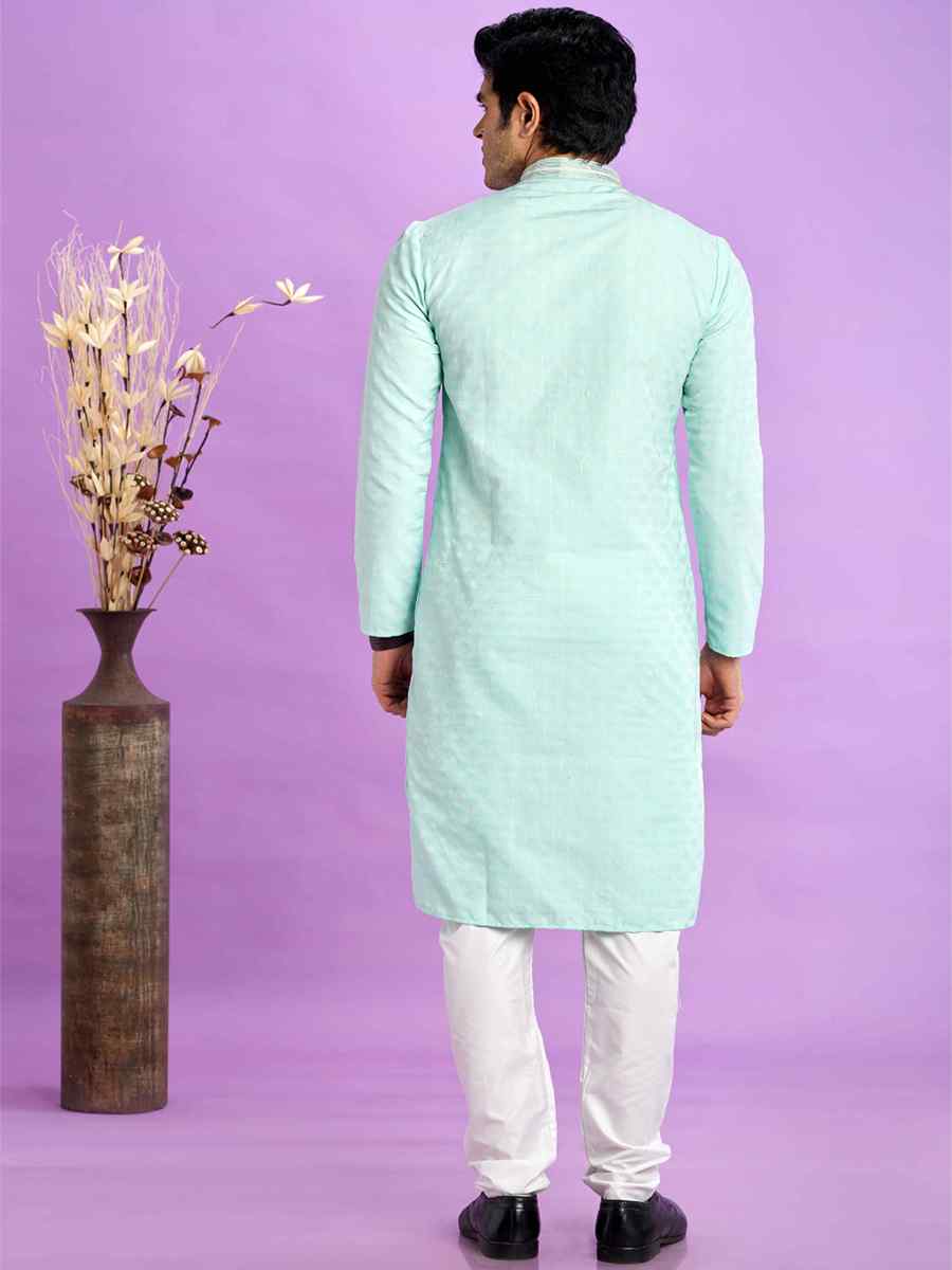 Light Teal Green Jacquard Art Soft Silk Printed Festival Casual Kurta
