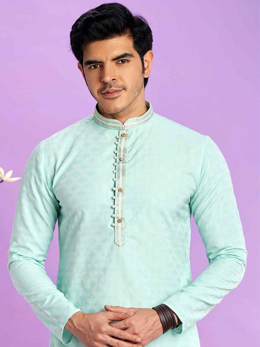 Light Teal Green Jacquard Art Soft Silk Printed Festival Casual Kurta