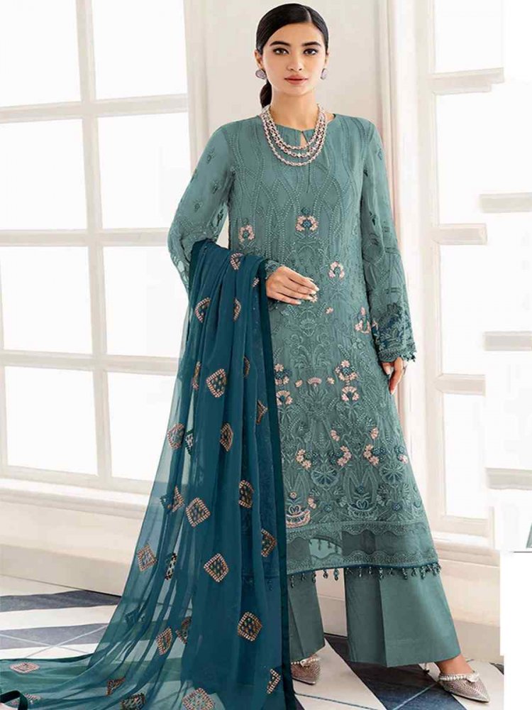 Light Teal Heavy Faux Georgette Embroidered Festival Mehendi Pant Salwar Kameez