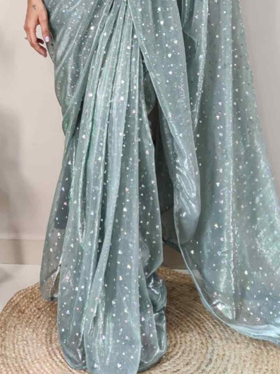 Light Teal Net Printed Casual Festival Contemporary Saree