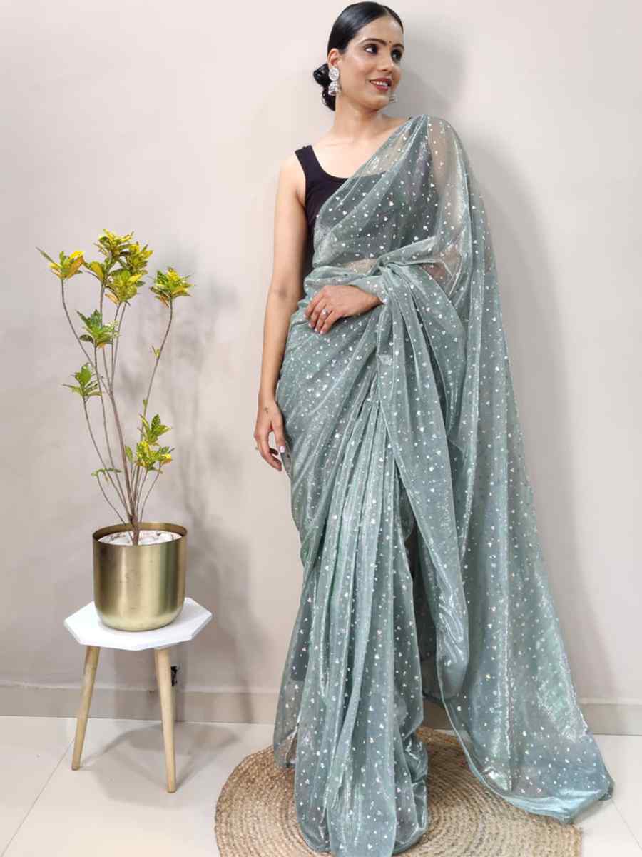 Light Teal Net Printed Casual Festival Contemporary Saree