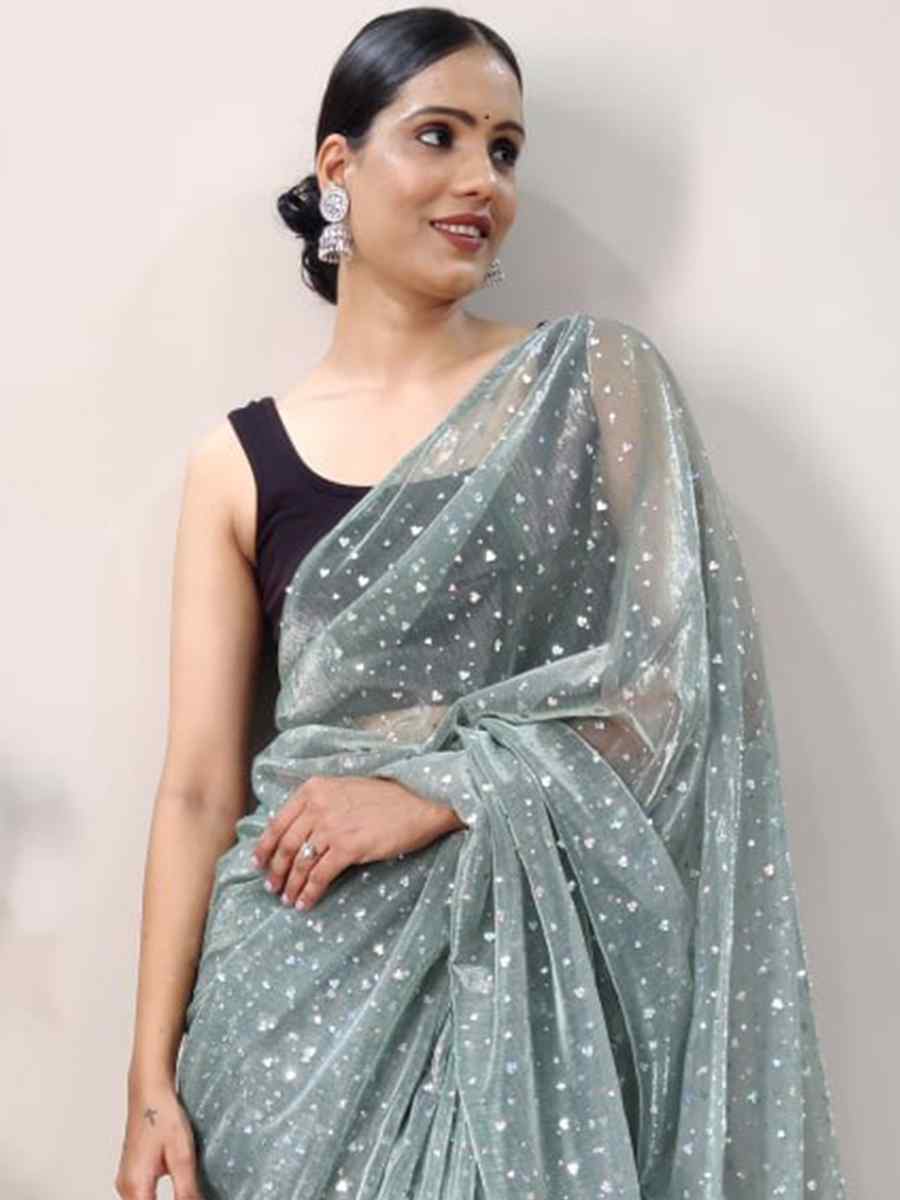 Light Teal Net Printed Casual Festival Contemporary Saree