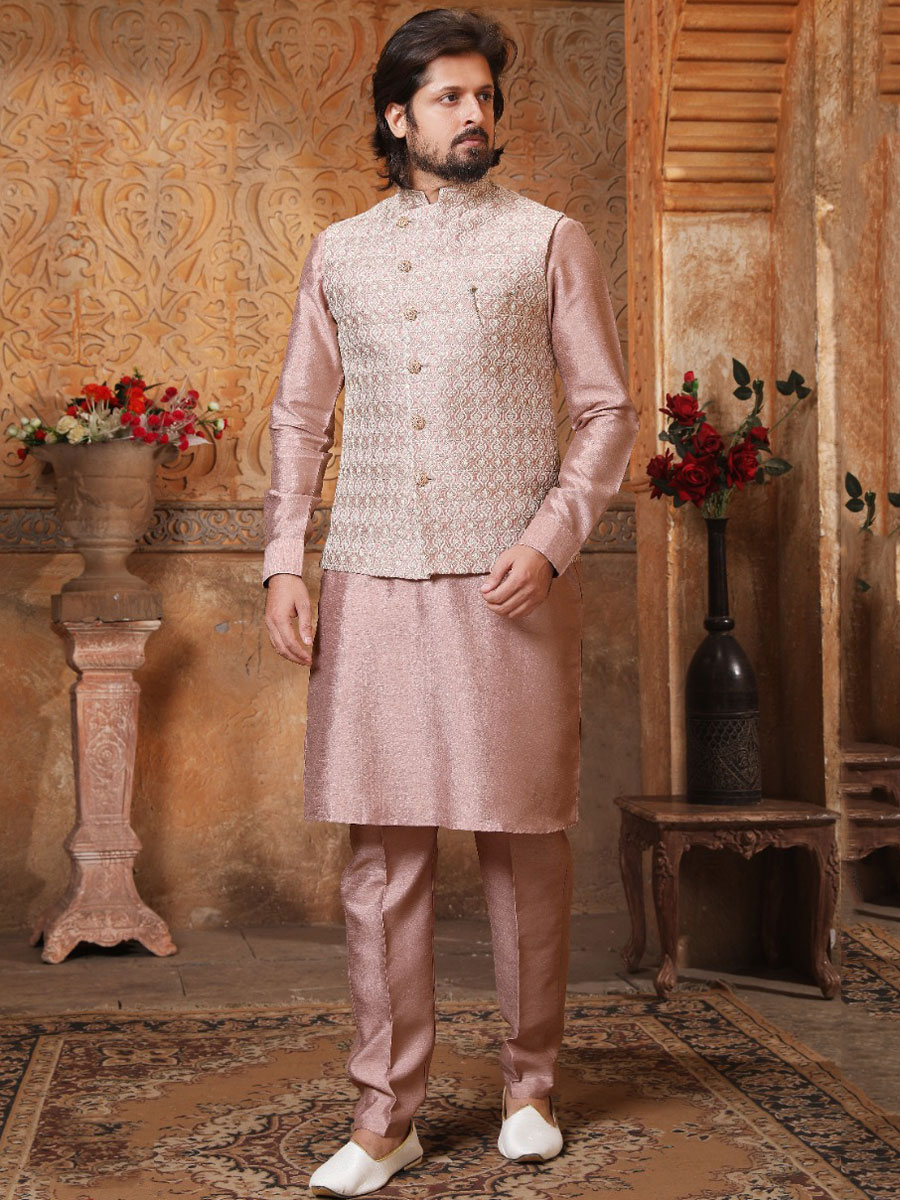 Light Thulian Pink Banarasi Silk Wedding And Festival Plain Kurta with Waistcoat