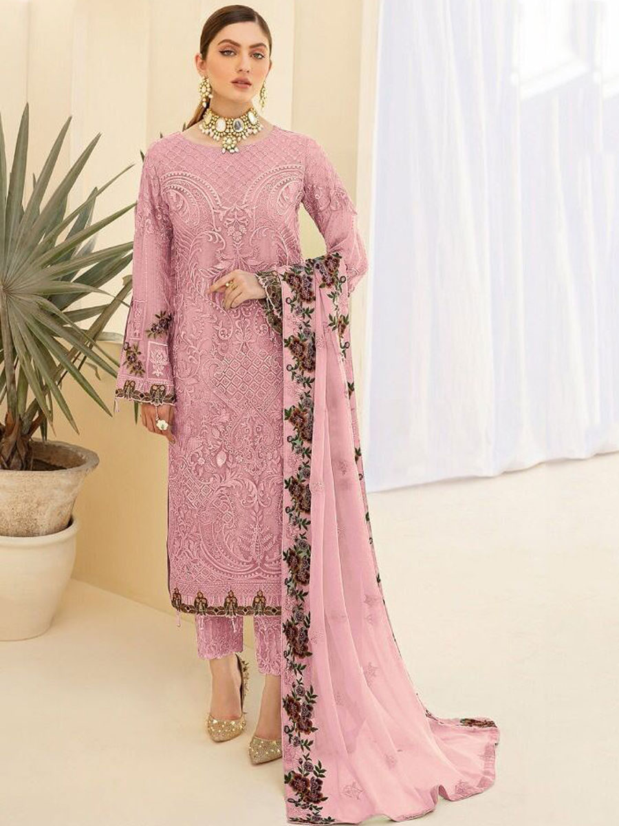 Light Thulian Pink Faux Georgette Embroidered Party Pant Kameez