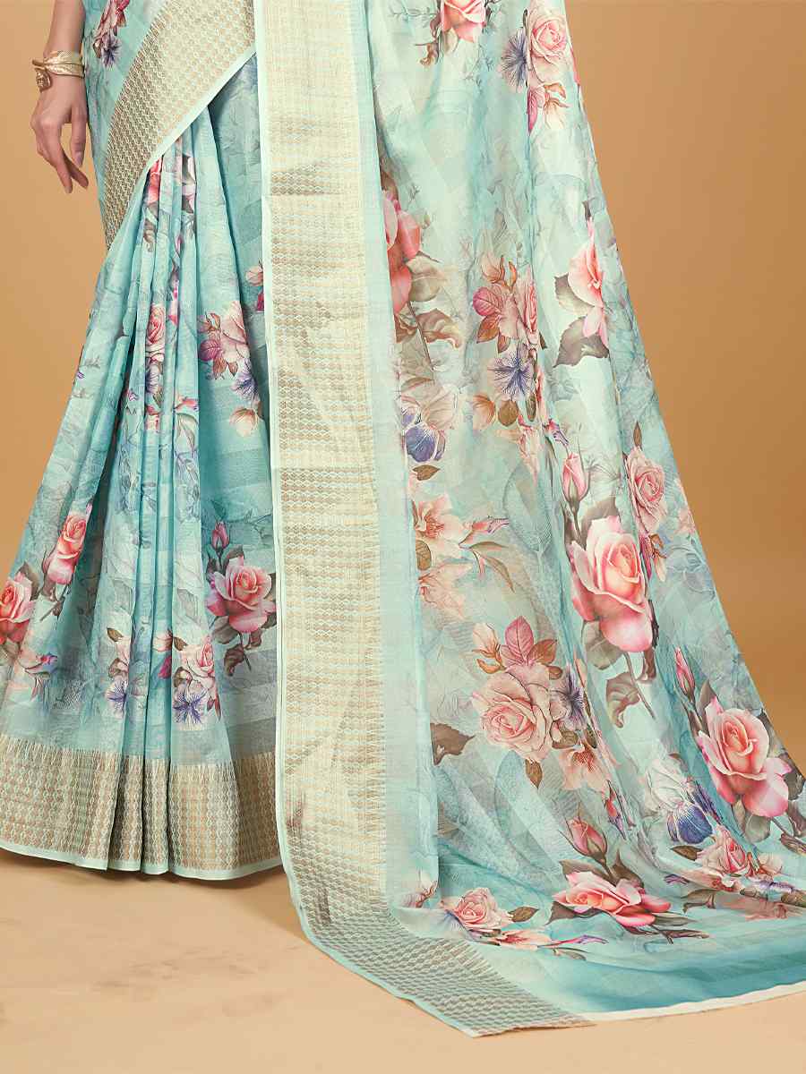 Light Turquoise Cotton Silk Printed Party Festival Heavy Border Saree