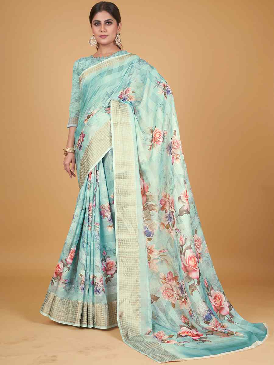 Light Turquoise Cotton Silk Printed Party Festival Heavy Border Saree