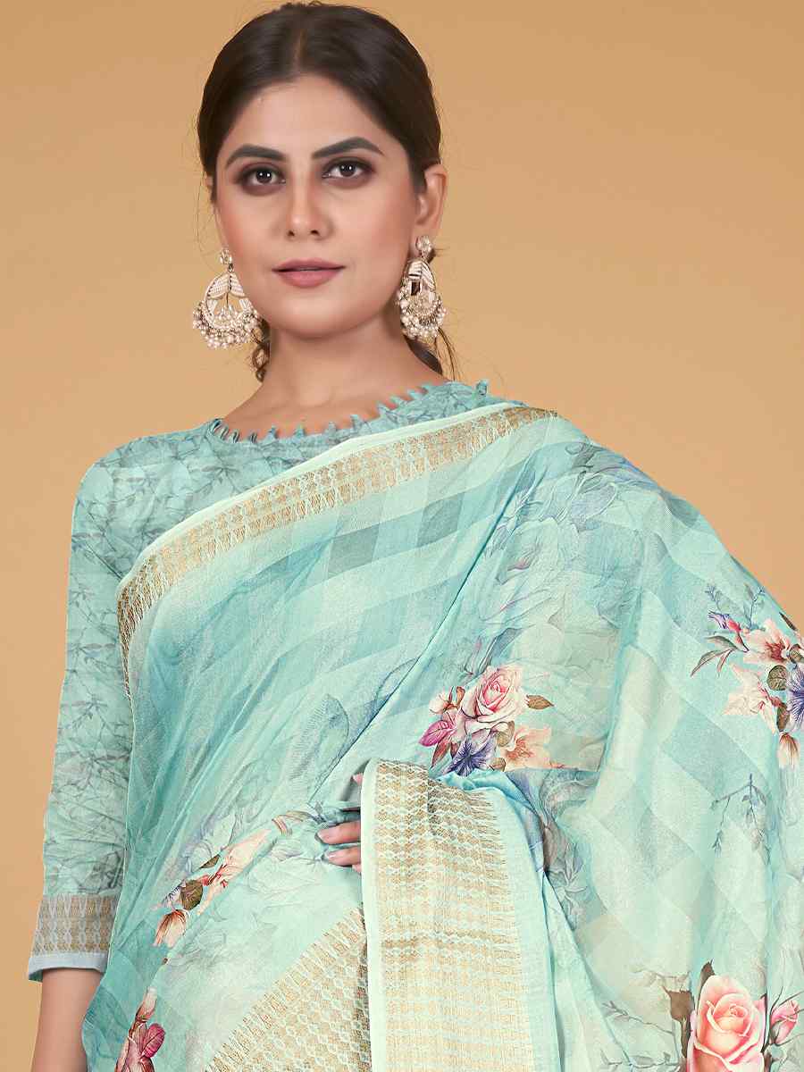 Light Turquoise Cotton Silk Printed Party Festival Heavy Border Saree