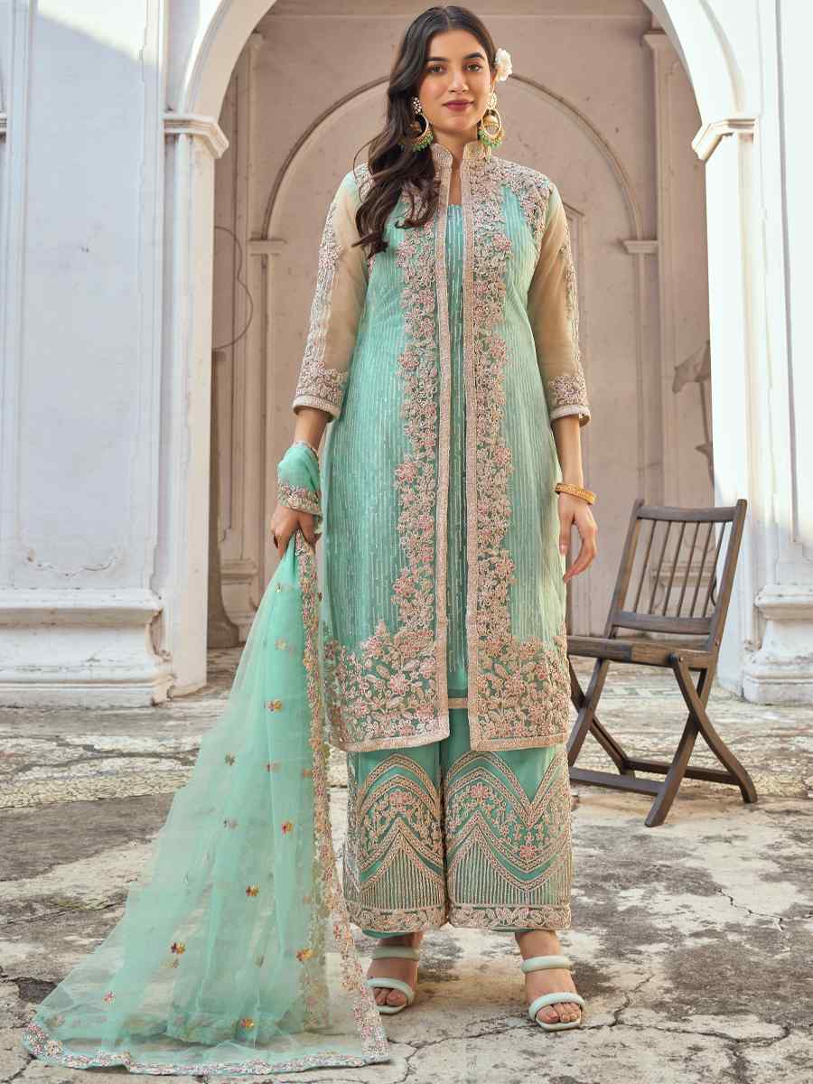 Light Turquoise Heavy Butterfly Net Embroidered Festival Palazzo Pant Salwar Kameez