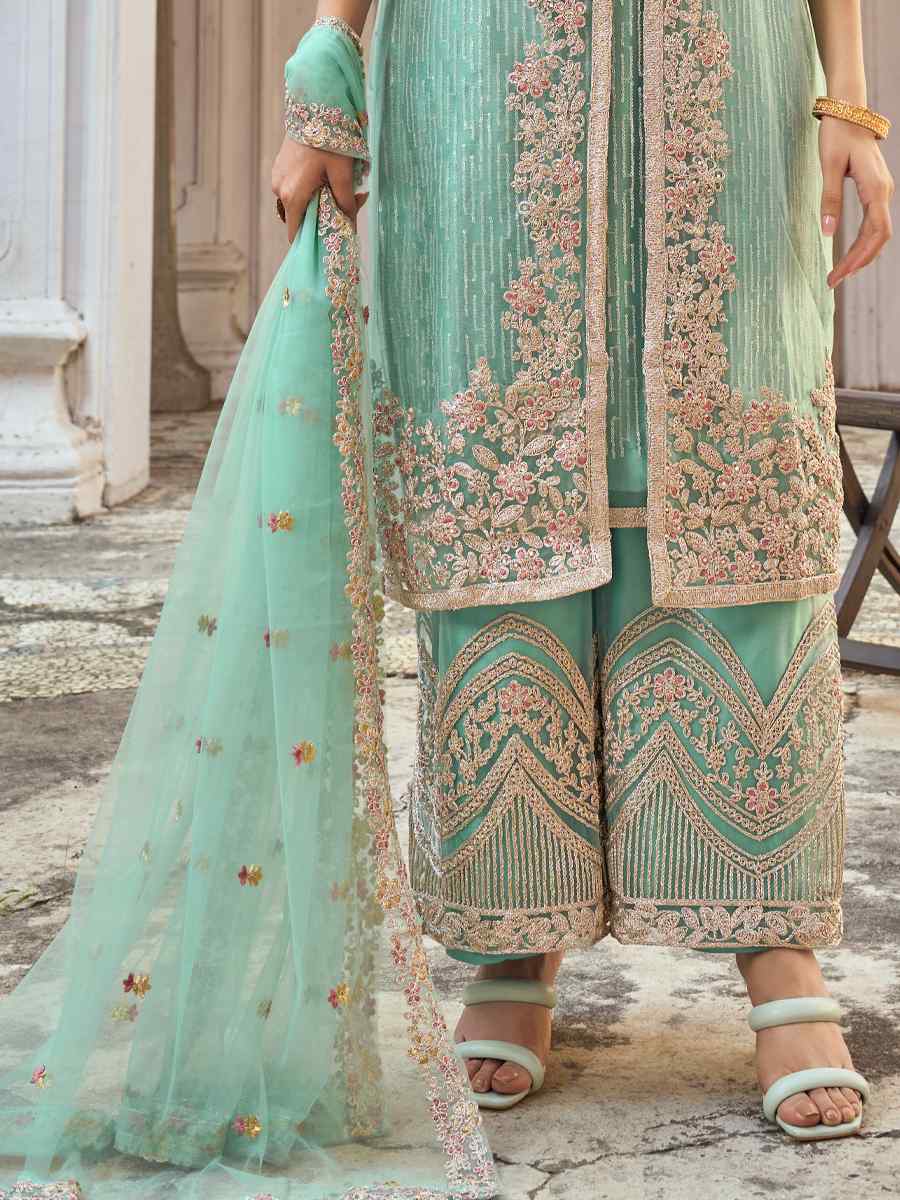 Light Turquoise Heavy Butterfly Net Embroidered Festival Palazzo Pant Salwar Kameez