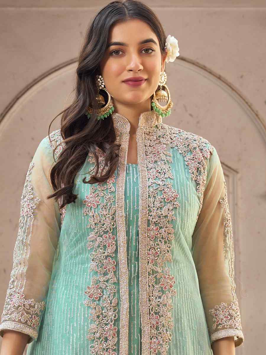 Light Turquoise Heavy Butterfly Net Embroidered Festival Palazzo Pant Salwar Kameez
