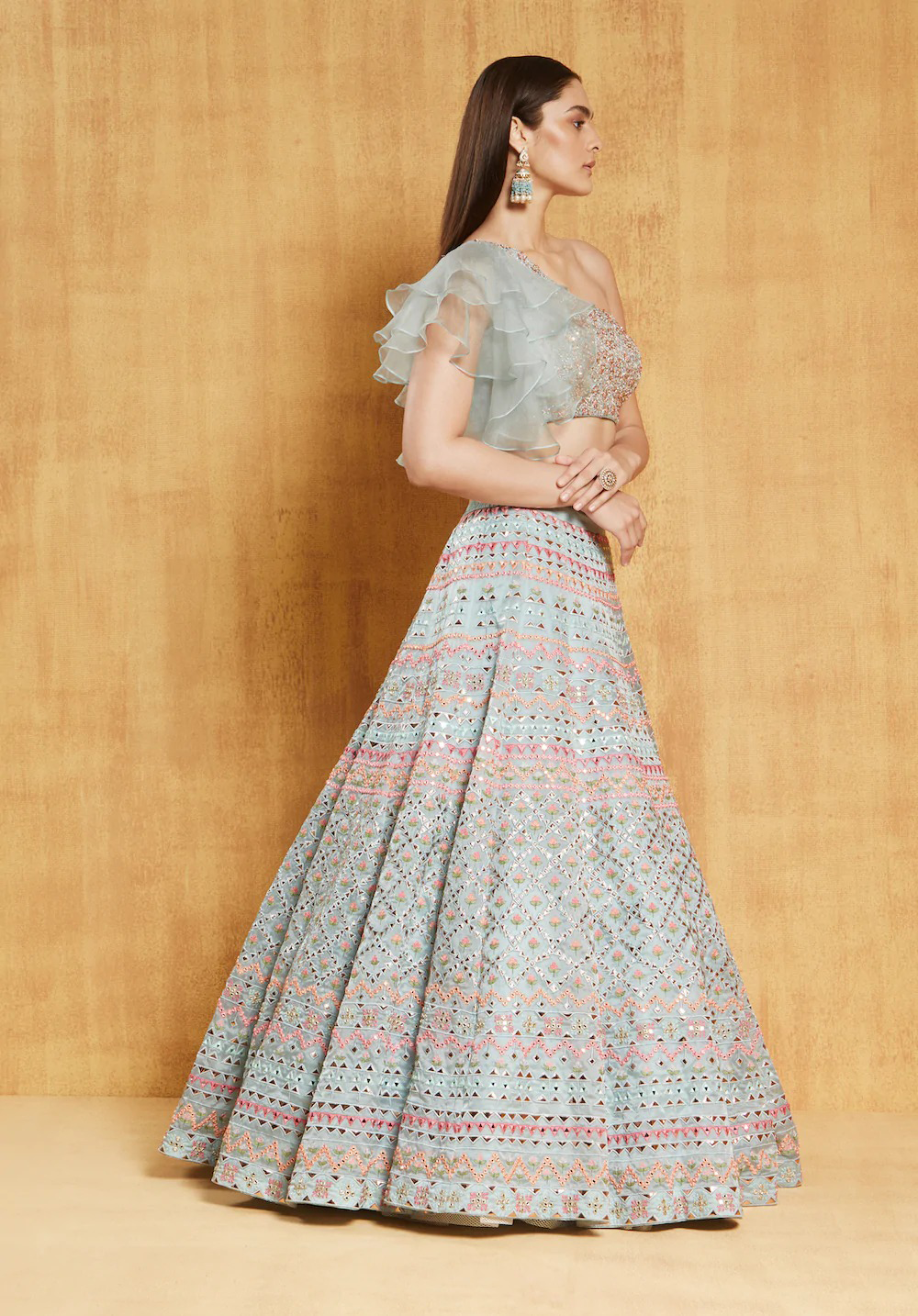 Light Turquoise Organza Embroidered Wedding Festival Heavy Border Lehenga Choli