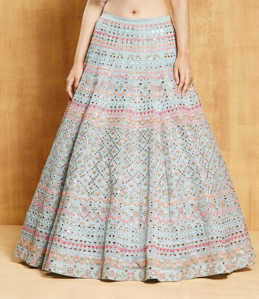 Light Turquoise Organza Embroidered Wedding Festival Heavy Border Lehenga Choli