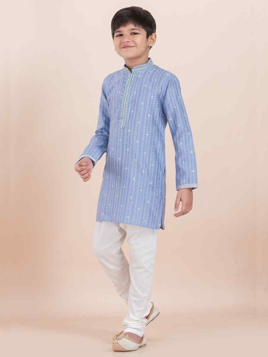 Light Violet Cotton Self Jacquard Embroidered Festival Traditional Kurta Pyjama Boys Wear