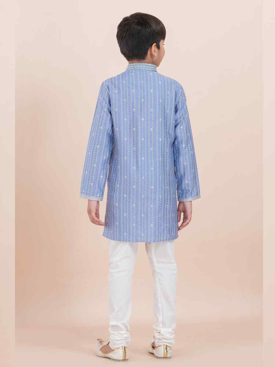 Light Violet Cotton Self Jacquard Embroidered Festival Traditional Kurta Pyjama Boys Wear