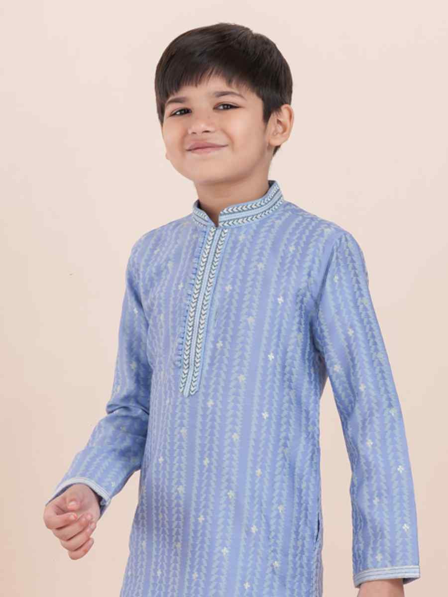Light Violet Cotton Self Jacquard Embroidered Festival Traditional Kurta Pyjama Boys Wear