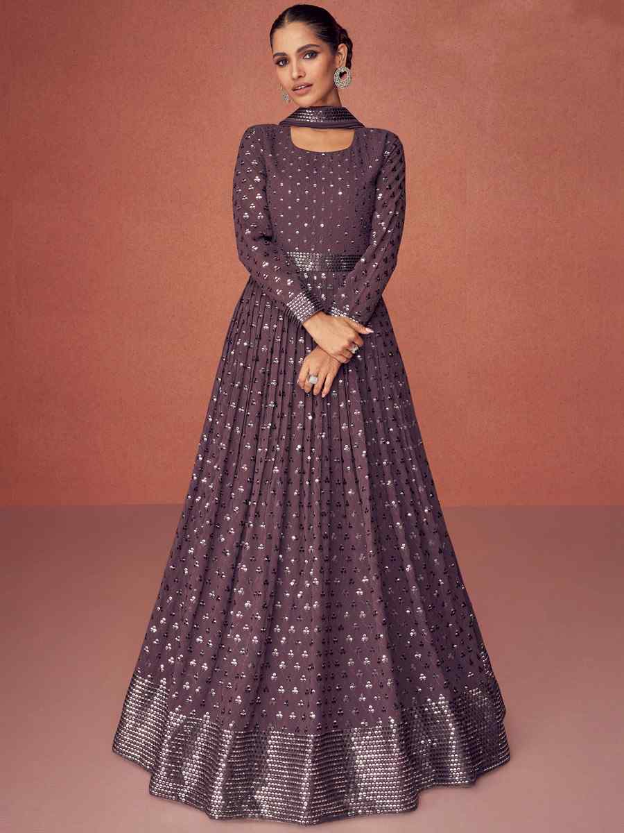 Light Wine Georgette Satin Embroidered Party Anarkali Salwar Kameez