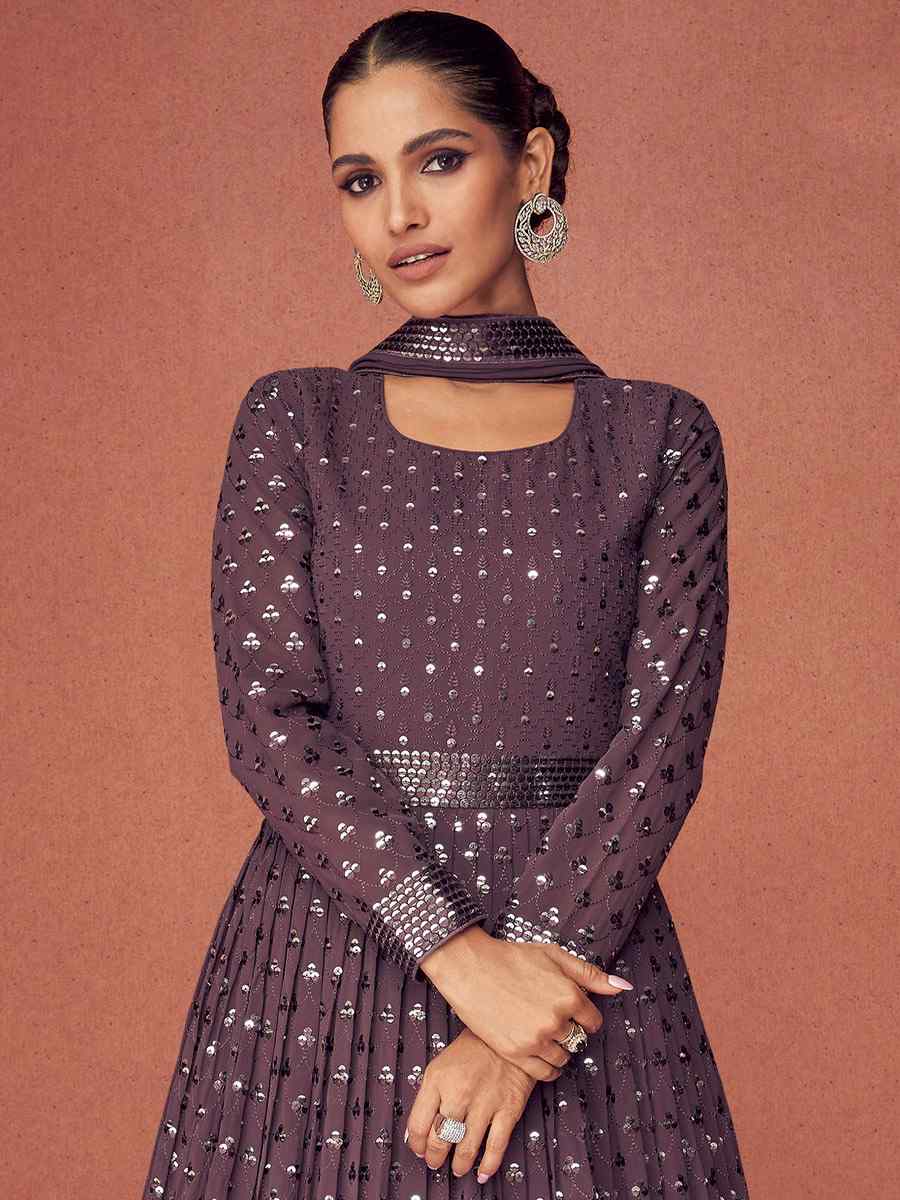 Light Wine Georgette Satin Embroidered Party Anarkali Salwar Kameez